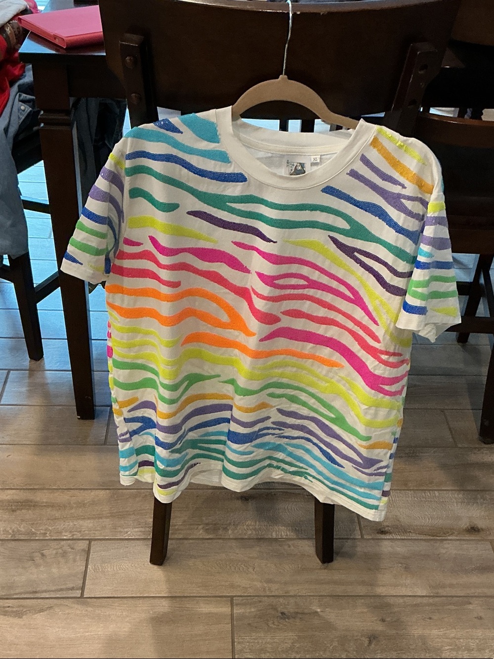 QUEEN OF SPARKLES White Rainbow Zebra Stripe Short Sleeve Tee